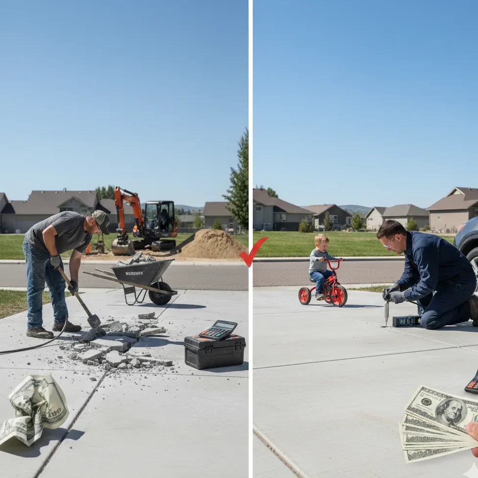 A homeowner looking at a perfectly lifted driveway with satisfaction.