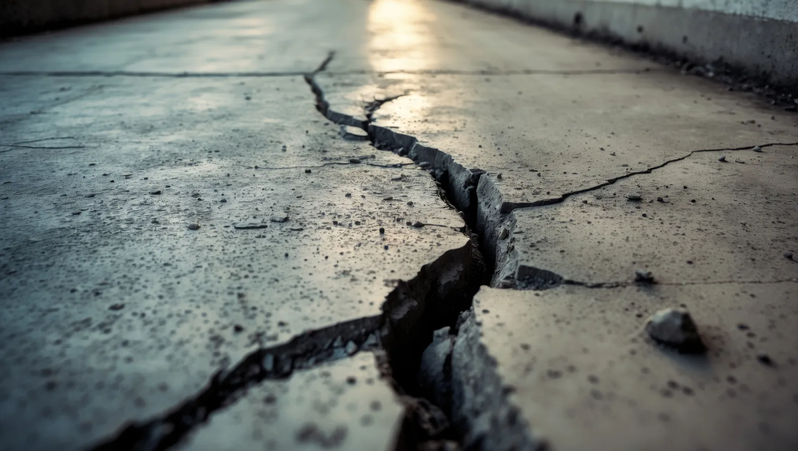 A closeup of a large crack and trip hazard on a driveway.