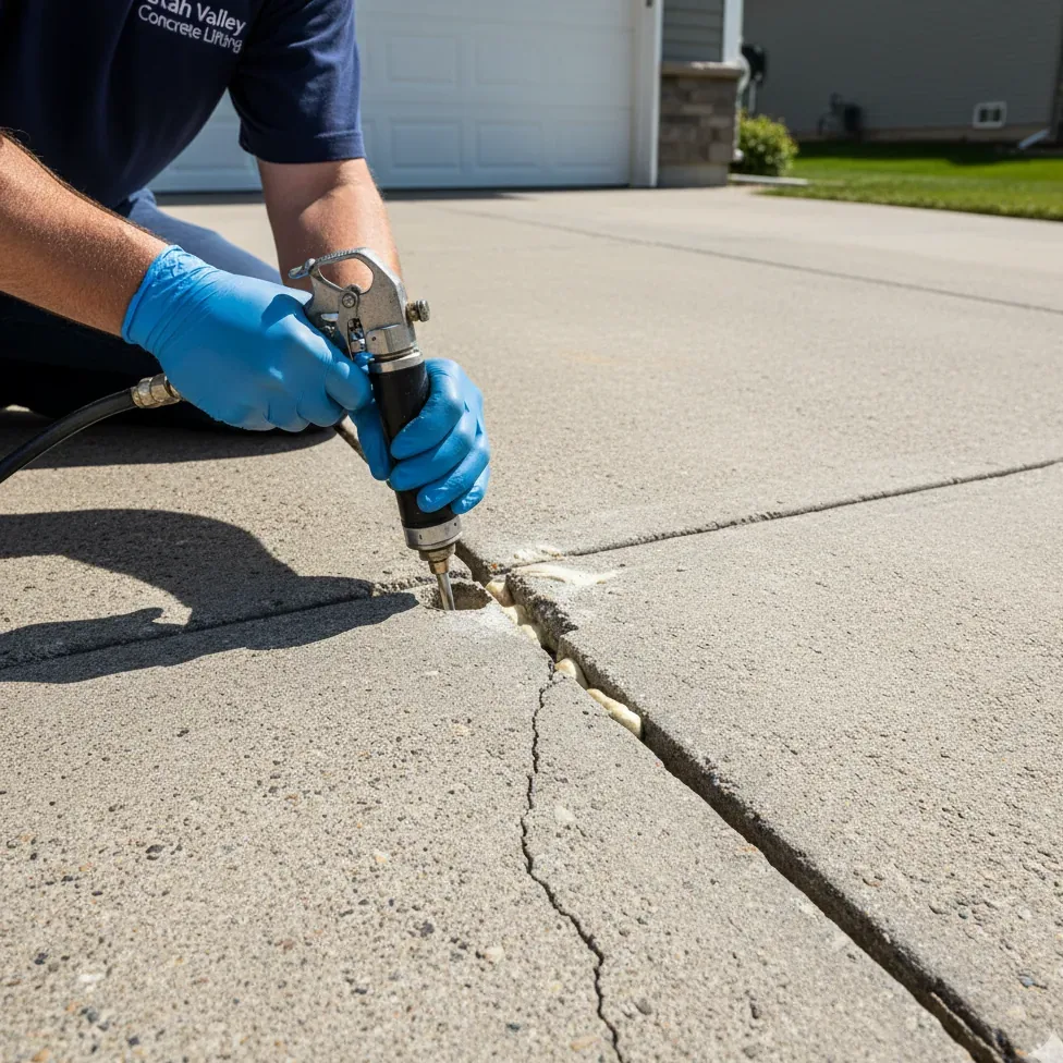 Uneven driveway slab being evaluated for lifting or replacement