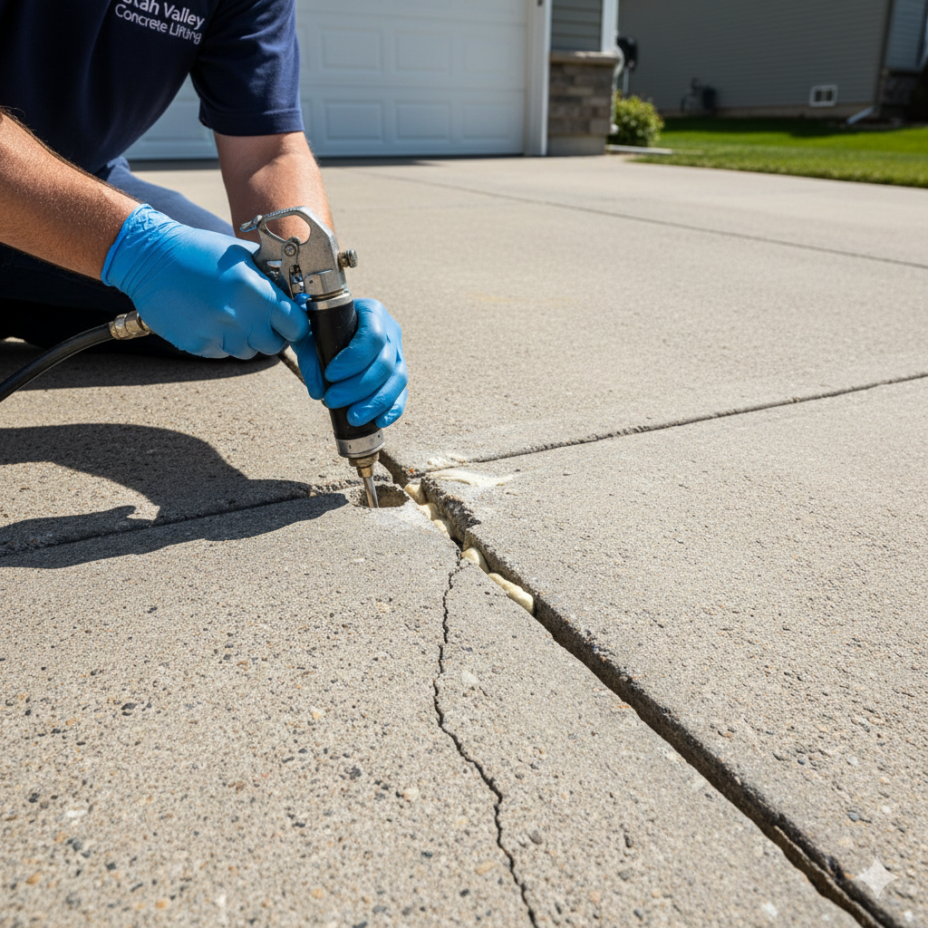 Cracked driveway being raised by polyjacking