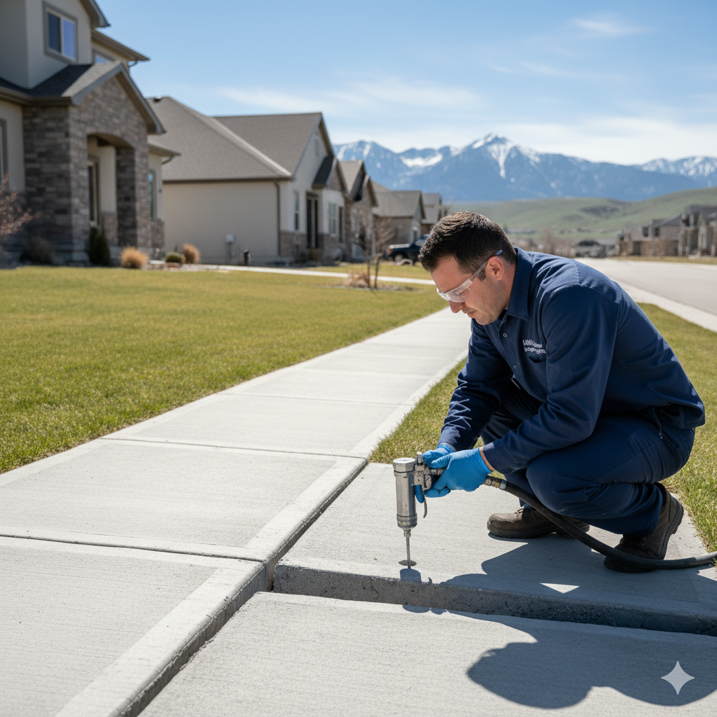Team injecting foam under a sidewalk in Utah