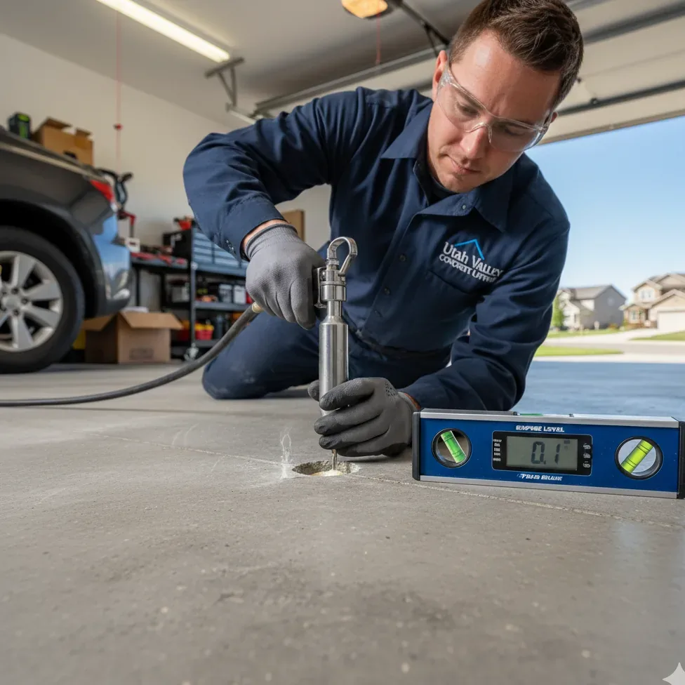 Garage floor slab repair and leveling