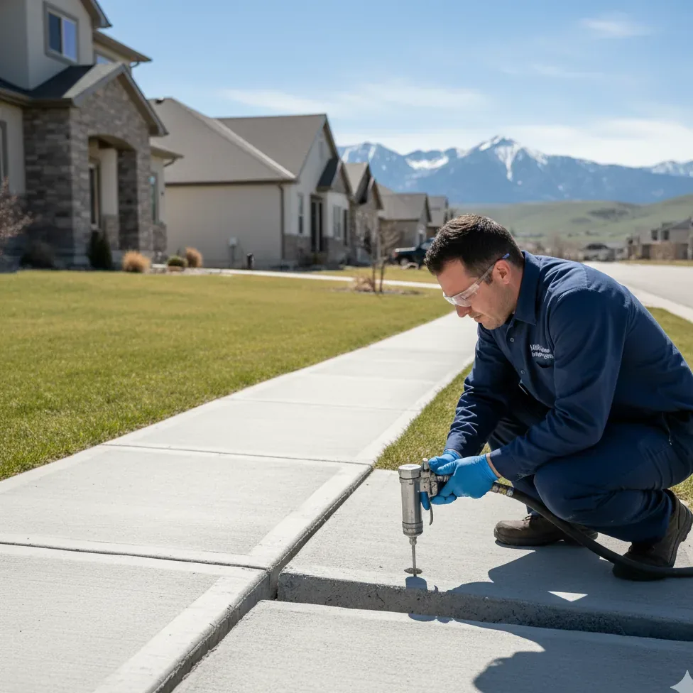 Sidewalk panel being leveled with foam injection in Orem, Utah