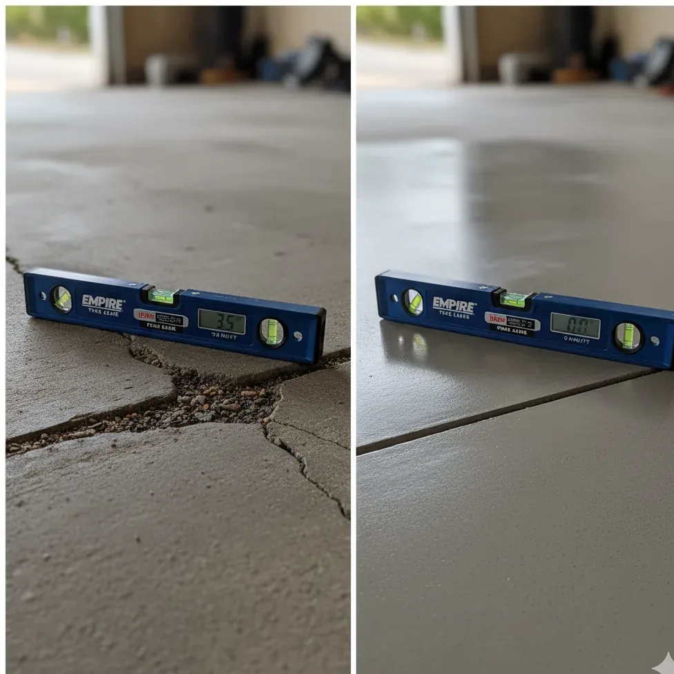 Sunken and cracked garage floor slab in Saratoga Springs, Utah