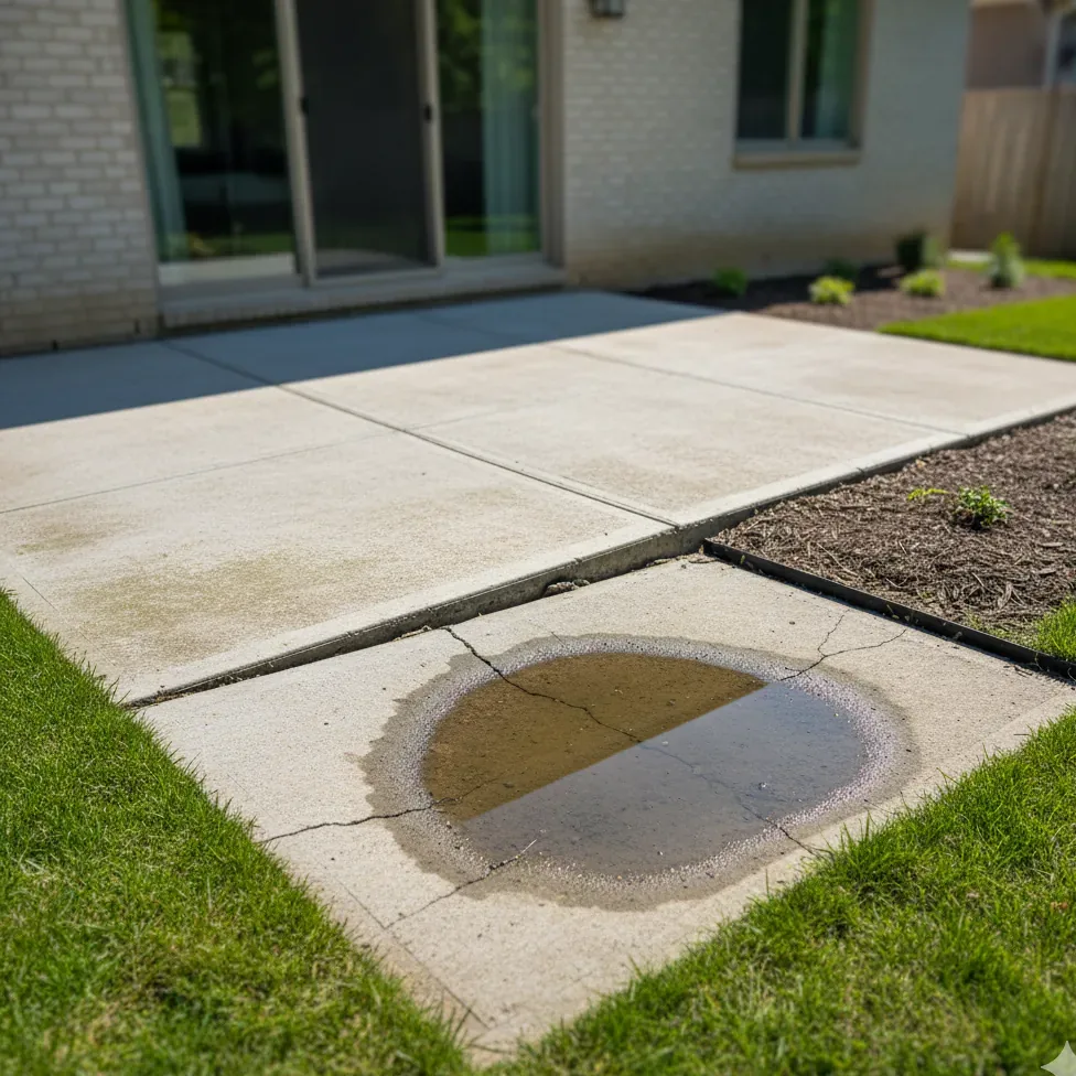 Sunken backyard patio concrete slab showing settlement in Pleasant Grove, UT