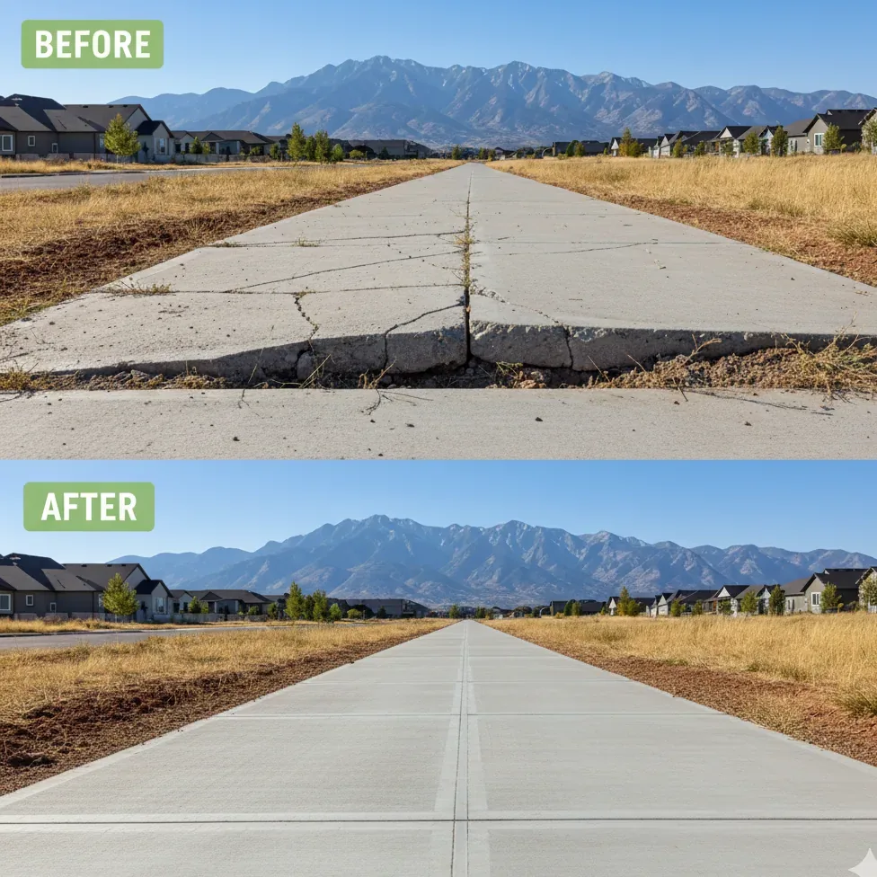 Sunken sidewalk panel before foam lifting in Spanish Fork, UT