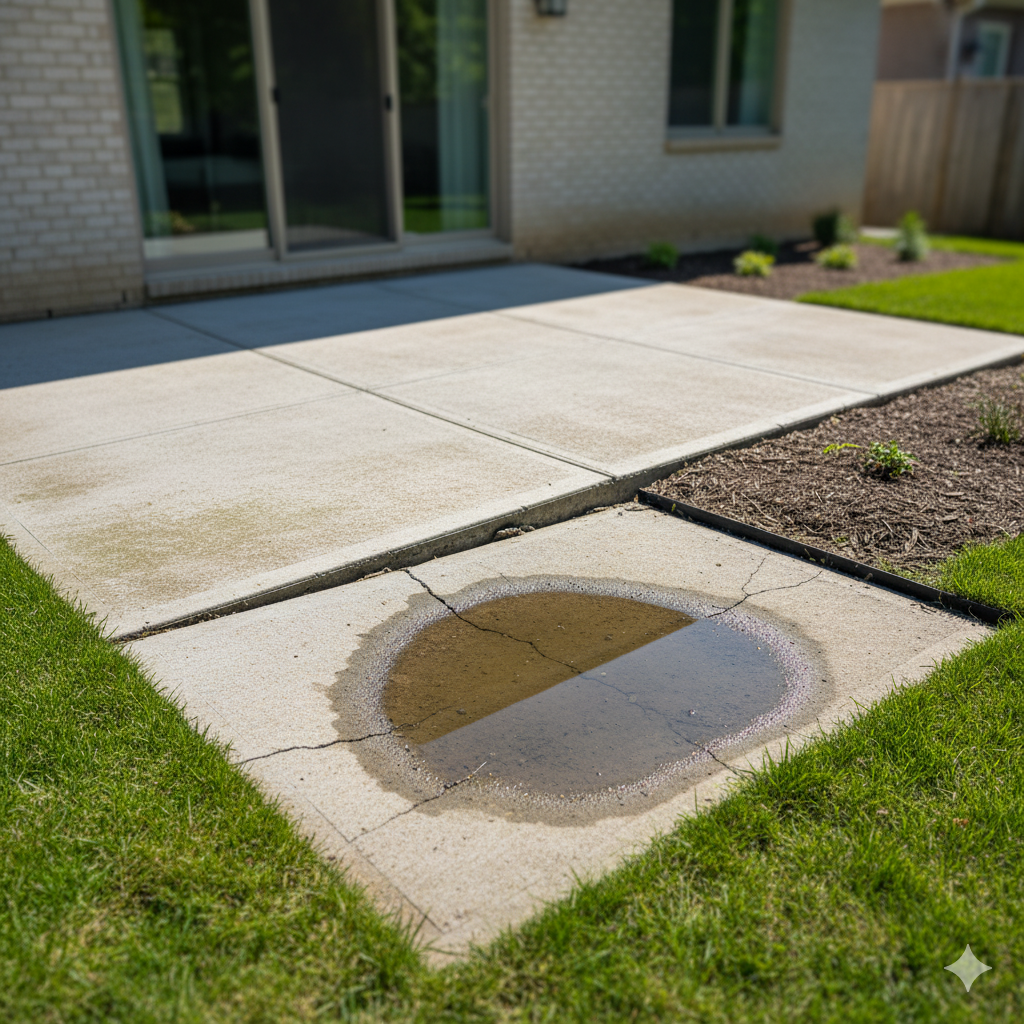 Sunken concrete patio before polyjacking